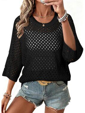 Women's Black Sweaters Crew Neck Length Sleeve Crochet Tops Knit Beach Cover Ups